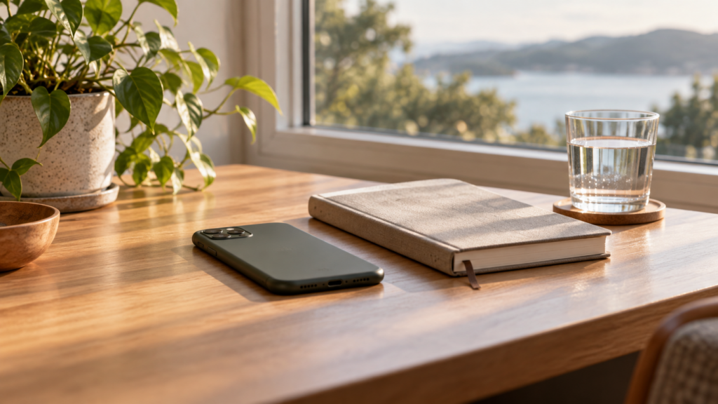 A phone resting beside an open notebook near a sunny window