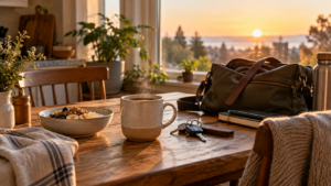 A quiet breakfast table beside a window in warm morning light