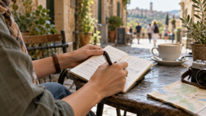 A traveller writing in a notebook at an outdoor cafe