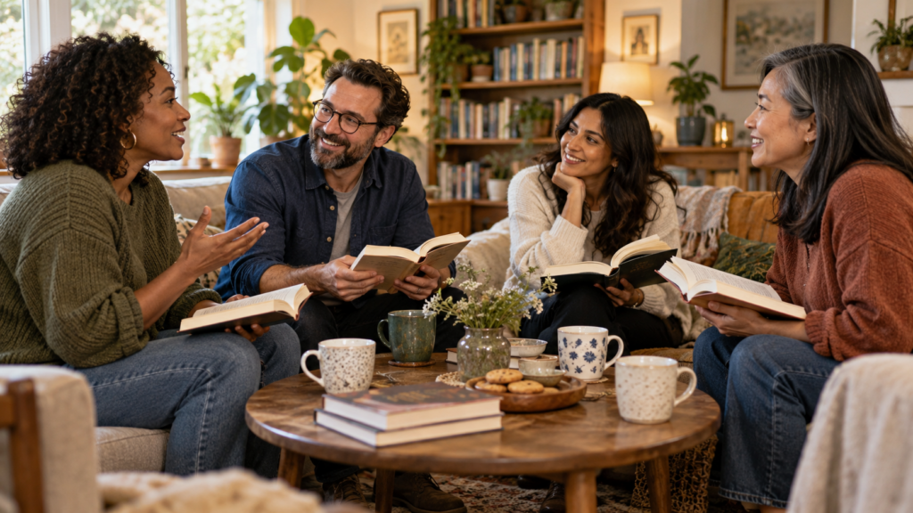 Readers discussing books together around a table