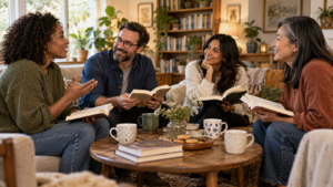 Readers discussing books together around a table