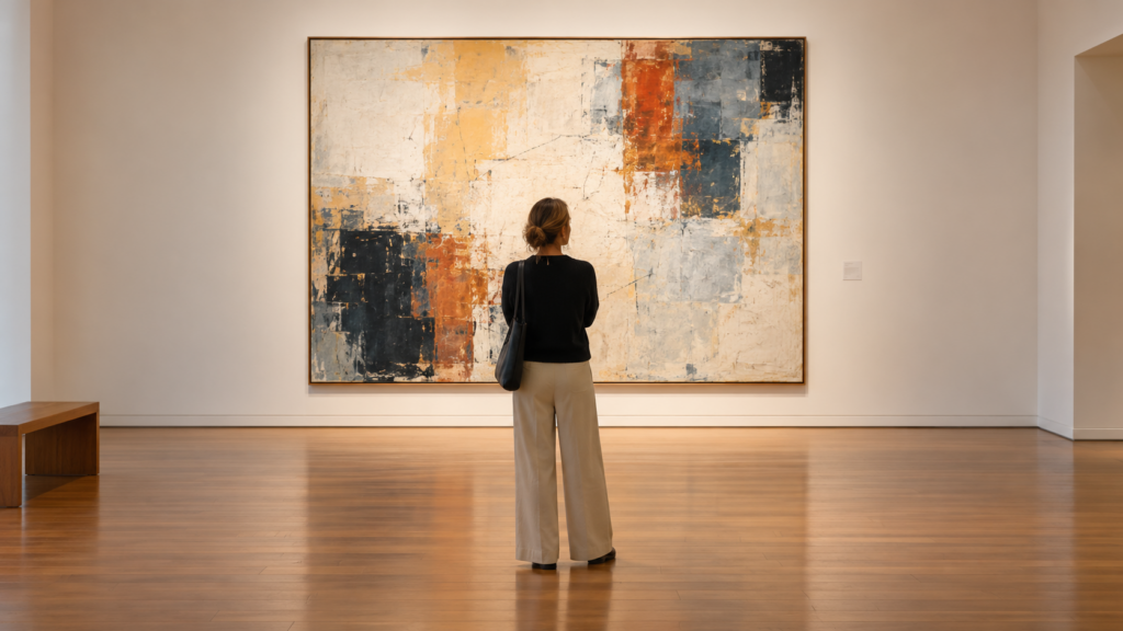 A visitor looking closely at a large painting in an art gallery