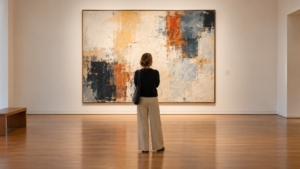 A visitor looking closely at a large painting in an art gallery