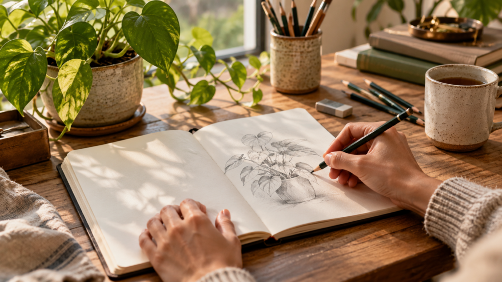 Hands drawing in a sketchbook at a desk with plants