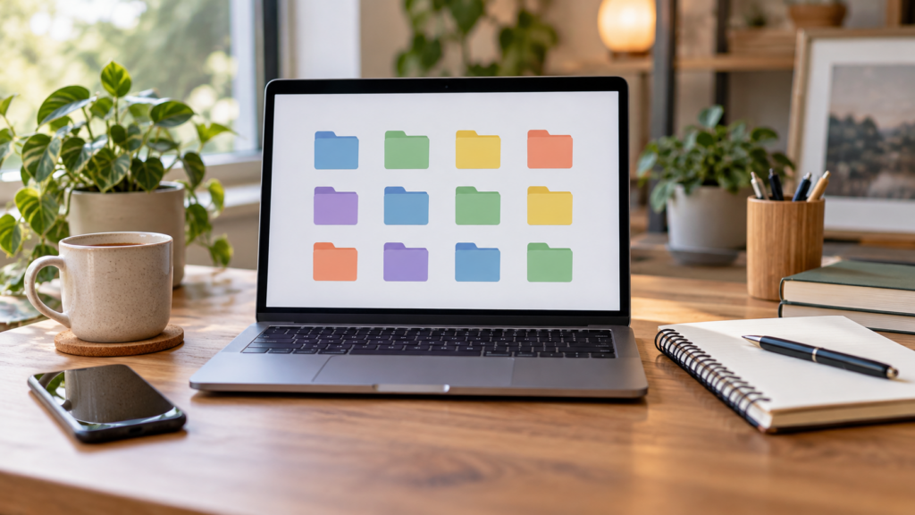 A laptop displaying colourful folders for organising project files