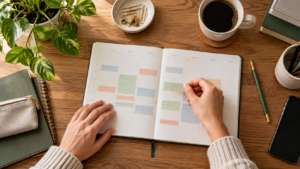 Hands planning a workweek in a notebook on a wooden desk