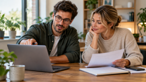 Two colleagues reviewing project notes together at a laptop